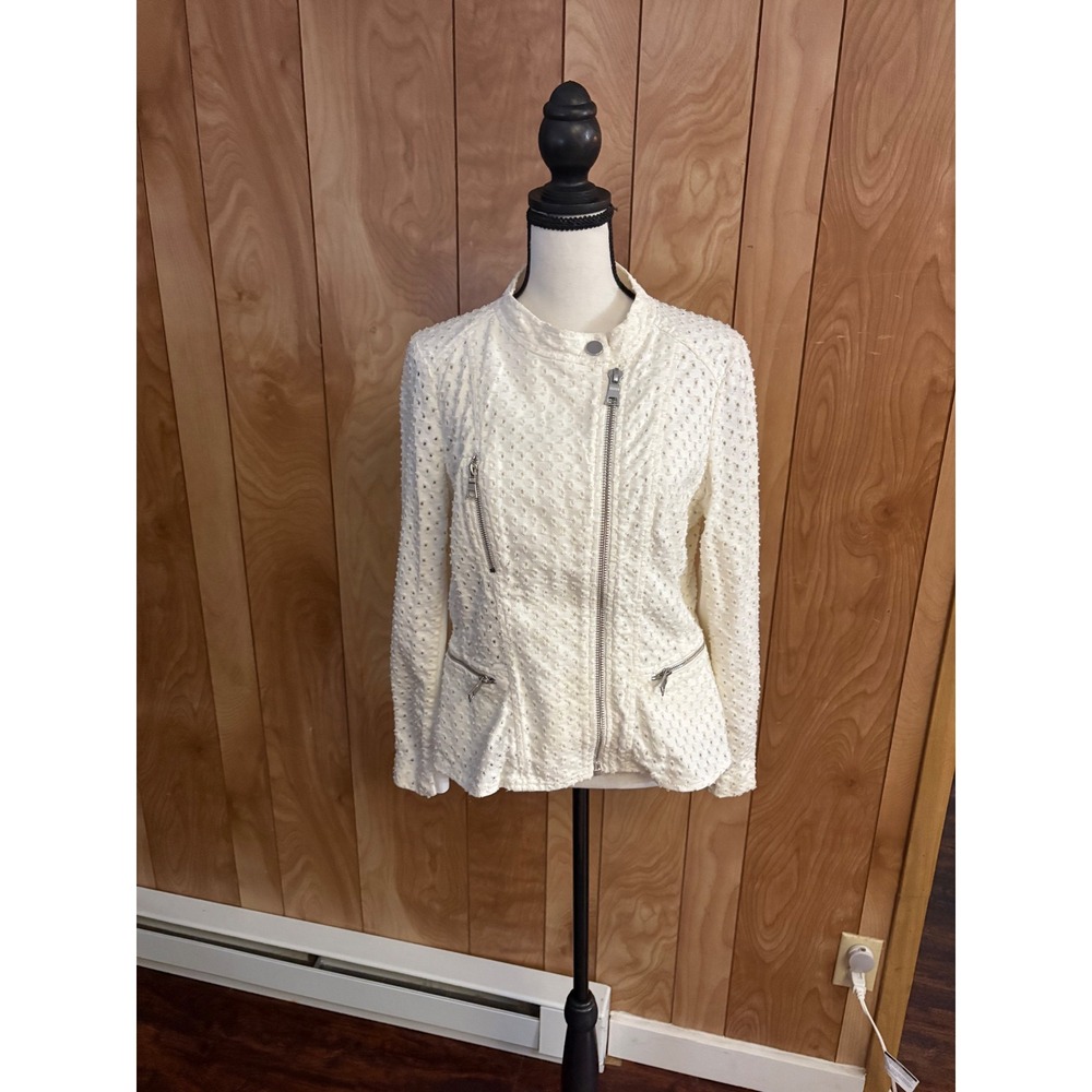 Rebecca Taylor White Eyelet Moto Jacket Asymmetrical Zip Peplum Cotton Size 8
